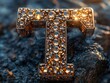© sumi - A sparkling golden letter 'T' encrusted with gems rests on a dark textured surface
