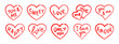 © IRYNA - Hand drawn marker heart set with handwritten romantic phrases. Red doodle hearts in expressive childlike style. Vector illustration isolated.