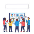 © Mis - Flat 2D graphic illustration of a diverse business team collaborating in a stand up meeting around a huge interactive monitor displaying financial charts and data analysis