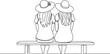 © Afsana Creatives - Two girls sitting on bench illustration showing friendship bonding summer hats minimalist continuous line art vector design outline backview women