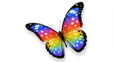 Farbenpr�chtiger Schmetterling mit gepunkteten Regenbogenfl�geln schwebt lebendig vor wei�em Hintergrund. AI Generated