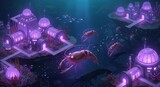Futuristic glowing dome habitats rest on the seabed near swimming crustaceans