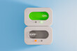© Marcos Osorio/Stocksy - On and off button switch with light indicators on blue background