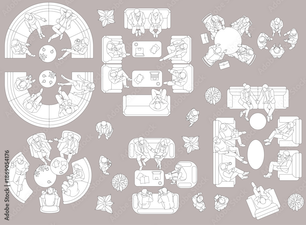 Handwritten top view business people architectural entourage