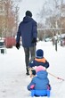 © Karolina - Rear view of father pulling toddlers on sleds during winter walk in city park. Warm family moment, outdoor lifestyle, seasonal activity with children, cold weather parenting and everyday life.
