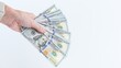 © JuliaDorian - Hand Holding a Stack of Hundred Dollar Bills on White Background, Financial Security Concept