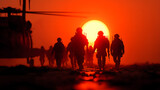 Squad of soldiers, silhouettes,  patrolling through a field during  sunset with a military helicopter 