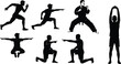 © Royal Ability - Silhouettes of seven men performing different actions including running pointing martial arts stance and stretching demonstrating athletic fitness and exercise movements isolated on white background