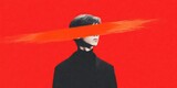 Redacted Identity Cropped Young man in black turtleneck obscured by bright orange horizontal paint brush stroke Identity and Censorship Concept Censored Reality film grain