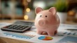 © VictorCanalesStudio - Piggy bank standing on financial charts with a calculator