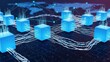 © Asad - Abstract visualization of a global digital network with interconnected glowing blue data blocks representing blockchain technology or distributed systems.