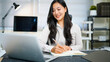 © Stella 16 - Writing, planning and computer with business woman in office, audit results and economy graph. Tax deadline, account manager and digital report with person in agency for budget review