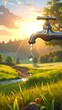 © farsa - Water droplet falling from a faucet in a vibrant natural landscape at sunset, symbolizing precious resources and environmental conservation.