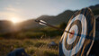 © forenna - Archery target standing alone in an open field at sunrise, arrow embedded in the center to symbolize discipline, patience, and personal achievement. cinematic color correction, natural uneven