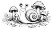 © cac_tus - Hand drawn line art illustration of a cute snail depicting it smiling among mushrooms for nature themed designs