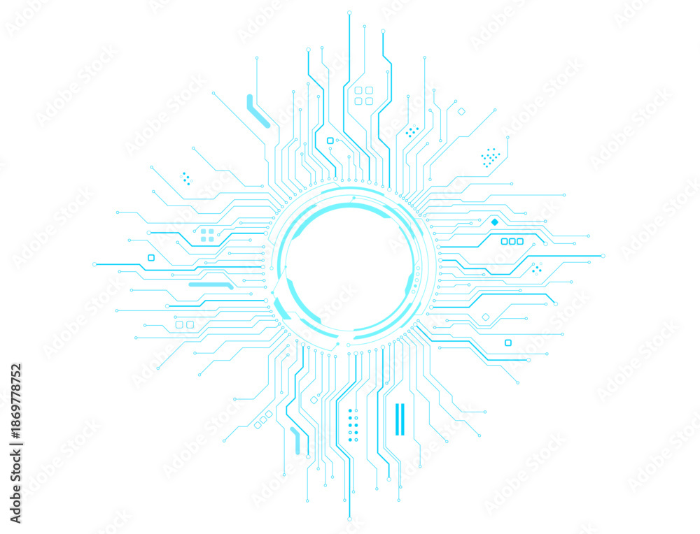 Glowing sci-fi portal with circuit board traces spreading across futuristic tech transparent background. Neon blue circular frame, digital HUD elements and cyber interface design. Vector illustration