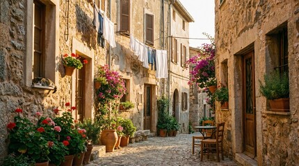  Charming stone alleyway with plants and laundry in warm sunlight  