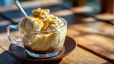 Honey-drizzled affogato, vanilla gelato, golden honey ribbons, espresso warmth, natural wood backdrop, sunlit afternoon café vibe