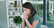 © JordiE/peopleimages.com - Sick woman, flu and blowing nose with tissue in office for virus, hayfever or sinus allergies. Female person, illness or employee with mucus, infection or sneeze for influenza or fever in workplace