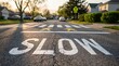 © Mariya Sorvacheva - Road sign indicating 'SLOW' painted on cracked asphalt in a residential area, with crosswalk and vehicles in the background, emphasizing safety and caution in urban environments