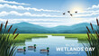 © Ifra - Serene wetland scene with ducks swimming in a lake surrounded by lush greenery on a sunny day