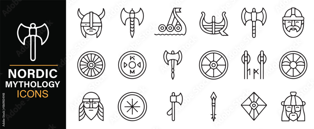 Nordic mythology icon set with Viking and Norse symbols in editable ...