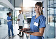 © peopleimages.com - Portrait, happy doctor and woman in hospital with tablet for research, schedule or administration. Smile, medical nurse or person in healthcare clinic with tech, online report or patient information.