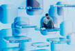 © Rendara Studio - Man resting on 3D cube shapes in digital background