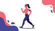 © Payel - Athletic young woman in pink sportswear power walking against a white background with abstract pink and purple shapes.