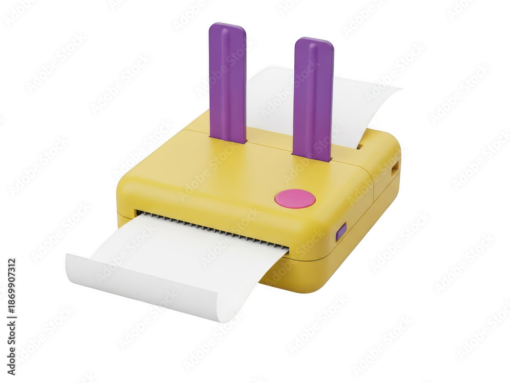 A compact, whimsical portable printer with a rabbit-like design, featuring purple ears and a pink button. isolated on transparent background