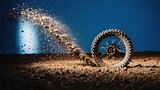 A motocross bike wheel vigorously kicks up a dramatic spray of dirt and dust on a rough track against a deep blue background.