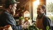 © Ol - A bearded man in a cap receives a paper bag of fresh vegetables at a farmer's market.