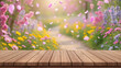 © foto Art - Falling pink flower petals along garden path with wooden table foreground for spring mockup background and product display design