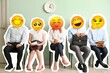 © Pixel-Shot - Business people with happy emoji instead of their heads sitting on chairs in office
