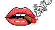 © Rhomaidhi - Cartoon illustration of glossy red lips holding a lit cigar with smoke curling upwards on a white background.