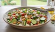 © Khaisan - Chickpea salad preparation with fresh vegetables and feta cheese in a bright kitchen. Healthy eating, gourmet, food photography, summer recipe
