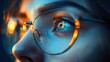 © btiger - Close-up of a person's eye with glasses reflecting warm lights, showing focused and thoughtful emotion