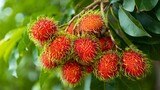 Vibrant rambutan fruits hanging from tree branch with green leaves