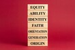 © Meow Creations - Stack of wooden blocks displaying equity ability identity faith orientation generation origin