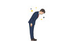 © James - A Japanese businessman in a formal suit making a deep, respectful bow, a common gesture of greeting, apology, or gratitude.