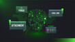 © N-Focus 5 - Cyber fraud concept with binary skull, world map, and fake link alerts on dark green background. Digital security threat, phishing attachment, and data breach warning for tech themes. Cyber security