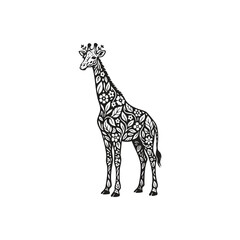  Artistic giraffe illustration in a standing pose, featuring a long neck and body decorated with intricate floral patterns, blooming flowers, and botanical leaf details