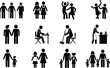 © Rayhan - Family life pictogram icon set illustrating relationships activities daily routines generations caregiving work leisure parenting and household roles silhouette vector design
