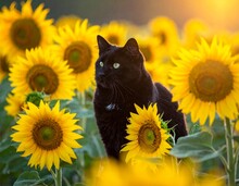 ひまわり畑の黒猫 無料画像 - Public Domain Pictures