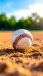 © Binti - Close-up of baseball resting on infield dirt under a sunny sky