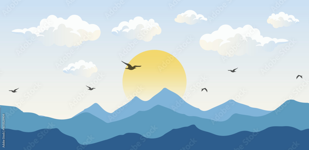 Abstract vector illustration of a landscape with clouds, sun, and birds over a summer ocean beach with waves and mountain peaks under a sunset sky