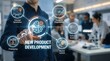 © Visionary - New product development process interface showing concept generation,design,prototyping,testing,market launch,modern innovation workflow in corporate team setting