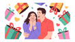 © Jannat - Love's Surprise: A romantic illustration of a man embracing a woman, surrounded by colorful gift boxes, expressing joy and affection, perfect for celebrations of love.