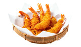 Golden fried crustaceans in a woven basket, resting on white paper