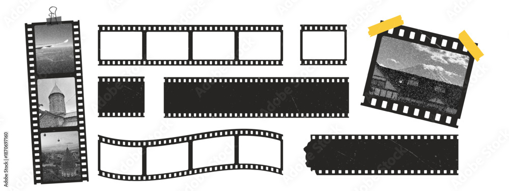 Vintage filmstrip collage kit. Grunge frames with duct tape, photo ...